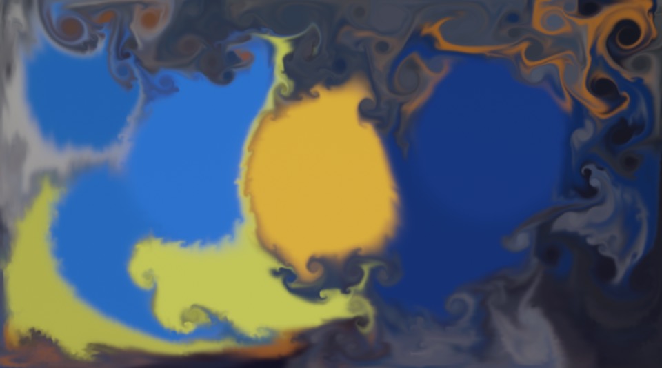 Blue, yellow and white paint swirled into feathered edges